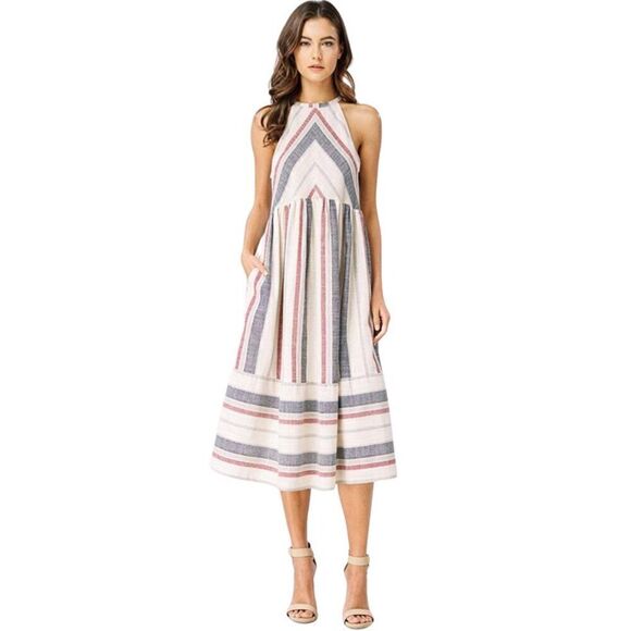 EUC Urban Outfitter LOVE+Harmony Stripe Woven Linen Blend Halter Neck Midi Dress - Picture 1 of 12
